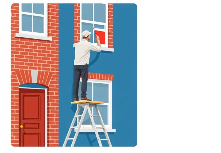 Peintre sur échafaudage traitant la façade d'une maison